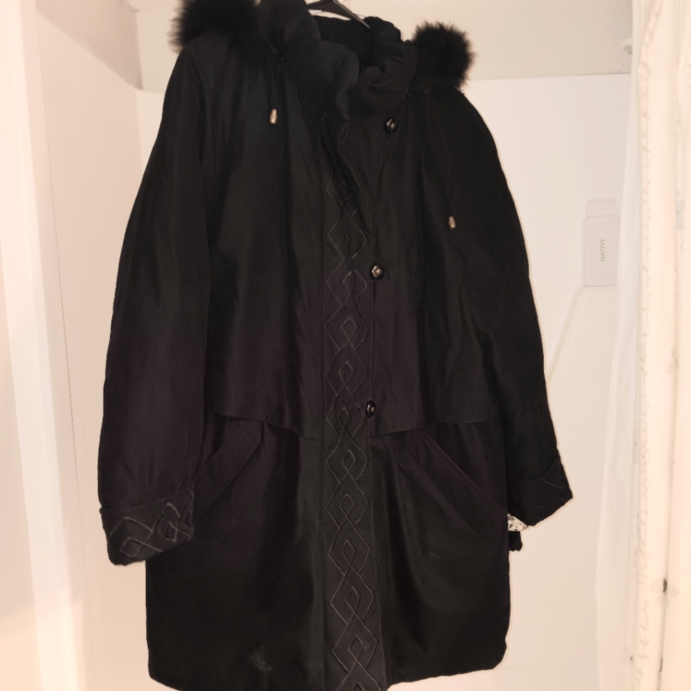 Womens black  winter coat with faux fur around the hood.